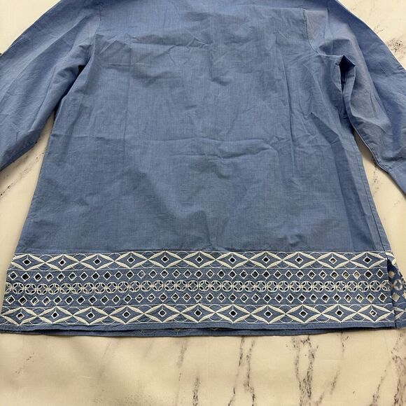 Talbots Embroidered Trim Tunic Top Size L Blue White Tie 3/4 Sleeve Blouse - Picture 12 of 12